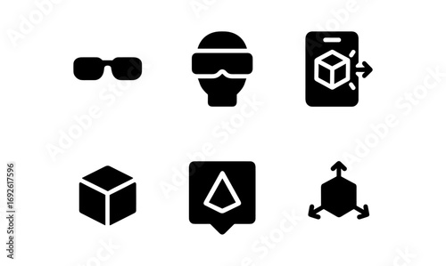 Virtual reality icons: minimalist set featuring glasses and 3d elements