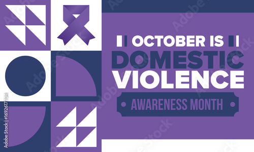 Domestic Violence Awareness Month in October. Celebrate annual in United States. Awareness purple ribbon. Day of Unity. Prevention campaign. Stop women abuse. Poster, banner and background. Vector