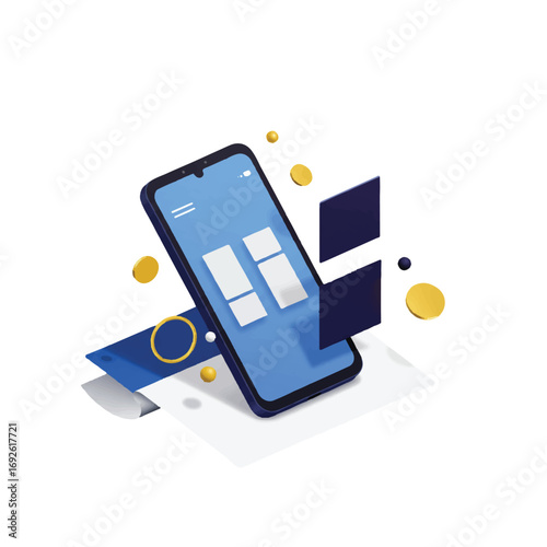 Isometric illustration of a smartphone displaying a vector payment app interface, with gold coins and blue accents against a white background, showcasing a clean and