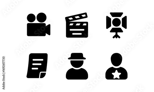 Film industry icons set featuring camera, director's clapboard, and crew silhouettes