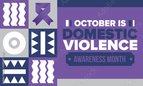 Domestic Violence Awareness Month in October. Celebrate annual in United States. Awareness purple ribbon. Day of Unity. Prevention campaign. Stop women abuse. Poster, banner and background. Vector