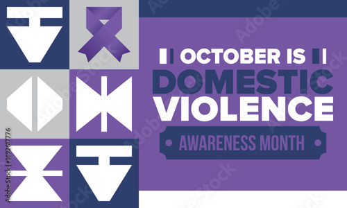 Domestic Violence Awareness Month in October. Celebrate annual in United States. Awareness purple ribbon. Day of Unity. Prevention campaign. Stop women abuse. Poster, banner and background. Vector