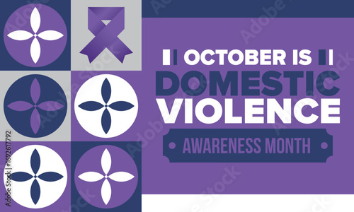 Domestic Violence Awareness Month in October. Celebrate annual in United States. Awareness purple ribbon. Day of Unity. Prevention campaign. Stop women abuse. Poster, banner and background. Vector