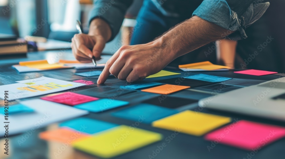 Fototapeta premium A person is brainstorming at a desk, using colorful sticky notes and a laptop to organize ideas and collaborate effectively.