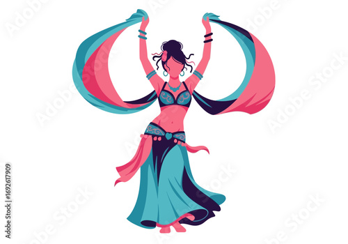 Woman in costume dancing with flowing fabric.