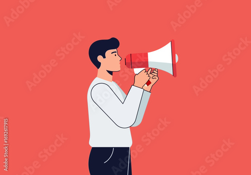 Person speaking into a megaphone, announcing something.