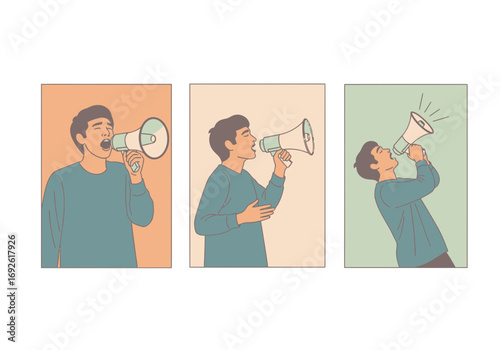 Man speaking into a megaphone in three different poses.