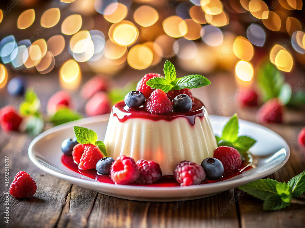 Delicious panna cotta with fresh berries and mint on a plate italian dessert with bokeh lights