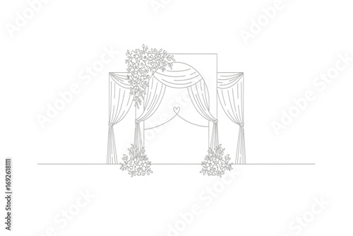 An illustration of a wedding arch adorned with flowers and draped fabric curtains