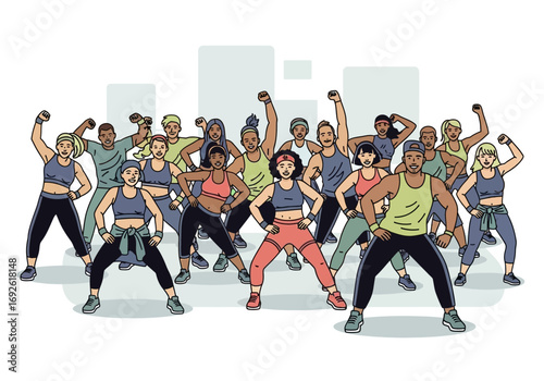 Diverse group of people exercising together with raised arms.