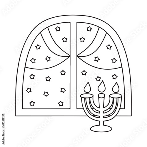 Outline drawing of a window with stars and a menorah Keywords: Hanukkah, window, stars, menorah, celebration, holiday, Jewish, tradition, night, festive, joy, fun, doodle, outline, drawing, icon