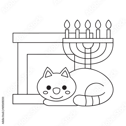 Line art cat resting by a fireplace with a menorah and lit candles kitten animal