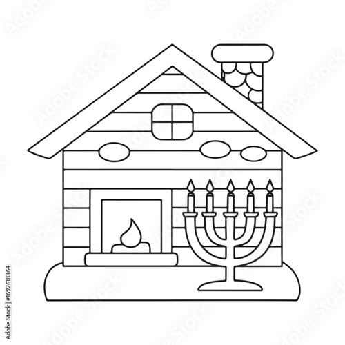 Outline drawing of a festive house with a fireplace and a menorah for Hanukkah home building