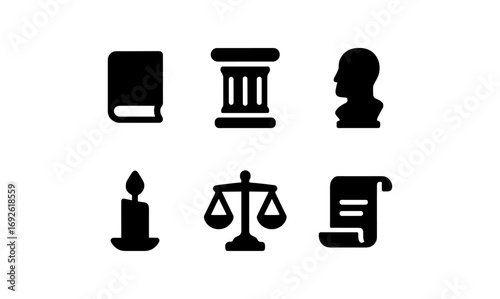 Outlined legal and law symbols: book, pillar, profile, candle, scales, document