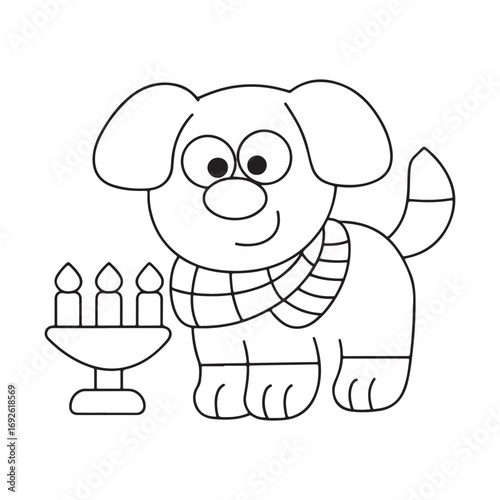 Cartoon dog wearing a scarf next to a menorah with three candles puppy illustration