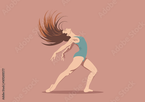 Dancer in teal leotard with long hair flying during a graceful movement.