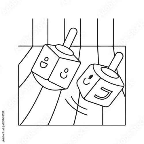 Line art illustration of two dreidels spinning on a striped surface game hanukkah