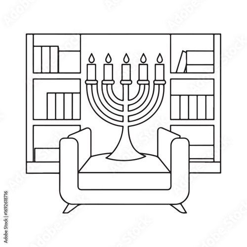 Line art illustration of a menorah in front of a bookshelf and armchair candles