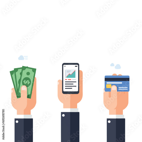 Flat vector illustration of three hands holding cash, smartphone showing a graph, and credit card, representing various vector payment methods against a white background.