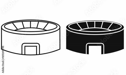 Vector icon set of sports stadium arena, black and white outline and silhouette solid style, circular building with entrance and seats, used for football, soccer, concert design.
