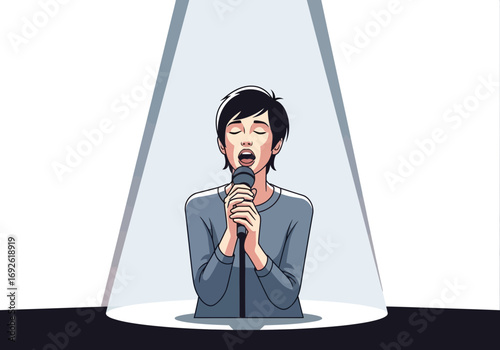 Person singing into a microphone under a spotlight.
