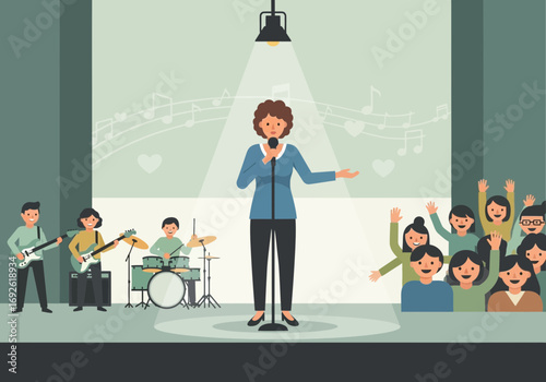 Singer performs on stage with band and cheering audience.