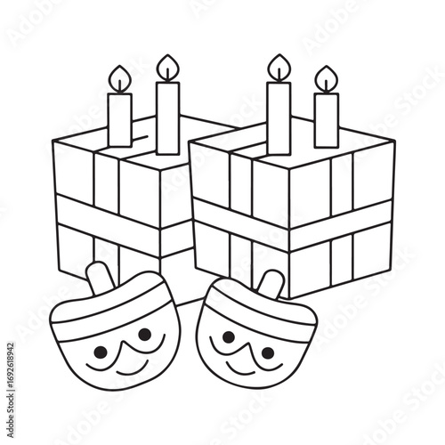 Outline Drawing of Two Gift Boxes with Candles and Two Happy Dreidels hanukkah present