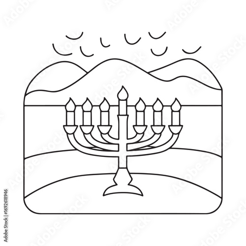 Line art of a menorah with a mountainous landscape and wavy lines in the sky Hanukkah mountains