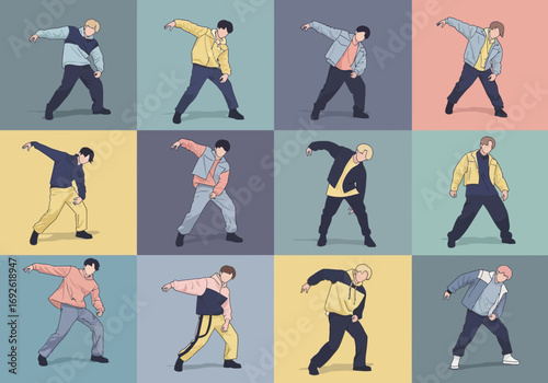 Twelve figures in various dance poses, arranged in a grid.