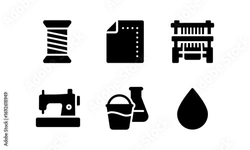 Black silhouette icons of sewing and textile tools: spool, sewing machine, and more