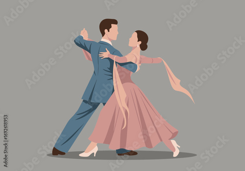 Couple dancing ballroom in formal attire, elegant movement.