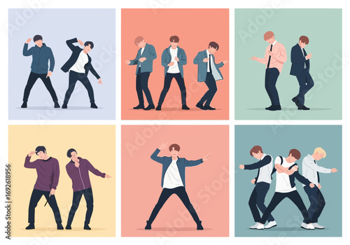 Six panels show groups of men dancing in stylized poses.