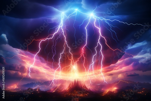 Dramatic lightning storm illuminating a volcanic eruption at sunset over a mountain landscape