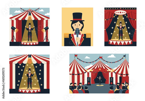 Circus performers under striped tents with spotlights and audience.
