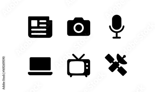 Minimalistic media icons: camera, microphone, laptop, tv, satellite
