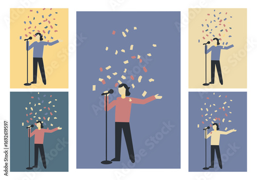 Person singing into a microphone with confetti falling around them.