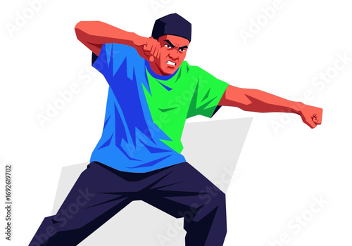 Man in blue and green shirt punching with determined expression.