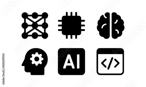Artificial intelligence icons: neural networks, microchips, and machine learning symbols