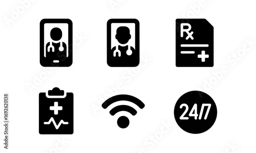 Healthcare icon set: doctor, prescription, medical report, wifi, 24/7 service symbols