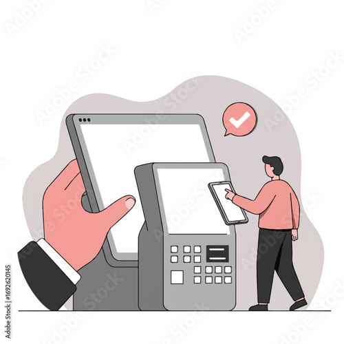 Flat vector illustration of a man making a vector payment on a digital tablet and POS terminal against a white background, showcasing a simple, clean style with a