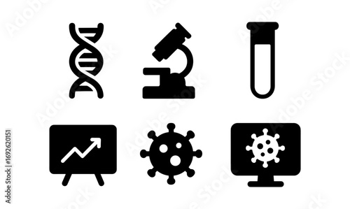 Science and research icons: dna, microscope, virus, test tube, graph, computer screen