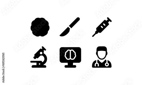 Medical icons set featuring brain, surgeon, microscope, injection, and scalpel in silhouette style