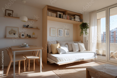 Minimalist Micro Apartment with Scandinavian Design and Multifunctional Furniture in Bright Natural Light