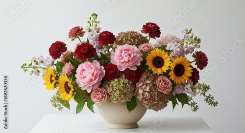 Wallpaper Mural A beautiful arrangement of sunflowers, dahlias, peonies, and hydrangeas in a white ceramic bowl. Torontodigital.ca