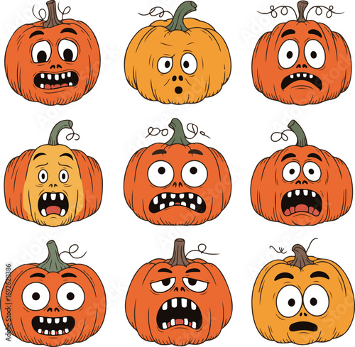 Nine cartoon pumpkins with various funny and scared expressions