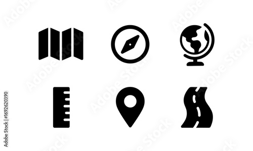 Minimalist travel icons set: map, compass, globe, ruler, pin, road symbols