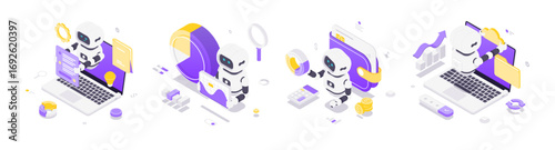 Isometric vector illustration featuring robots interacting with data, analytics, artificial intelligence, business automation, finance, strategy, and digital technology processes in modern workflow.