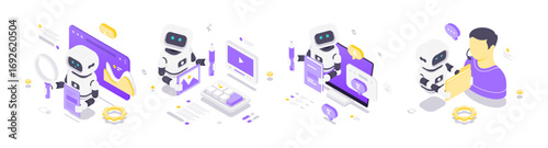 Isometric vector illustration showing futuristic robots with artificial intelligence working in analytics, design, translation, and personal data protection in a modern technology environment.