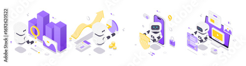 Isometric vector illustration showing artificial intelligence robots in scenes of big data analytics, finance automation, VPN security, and multimedia content processing in a modern digital style.