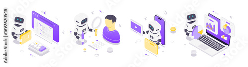 Isometric vector illustration depicting artificial intelligence robots engaged in coding, user profile analysis, online education, and data analytics in a futuristic digital environment.